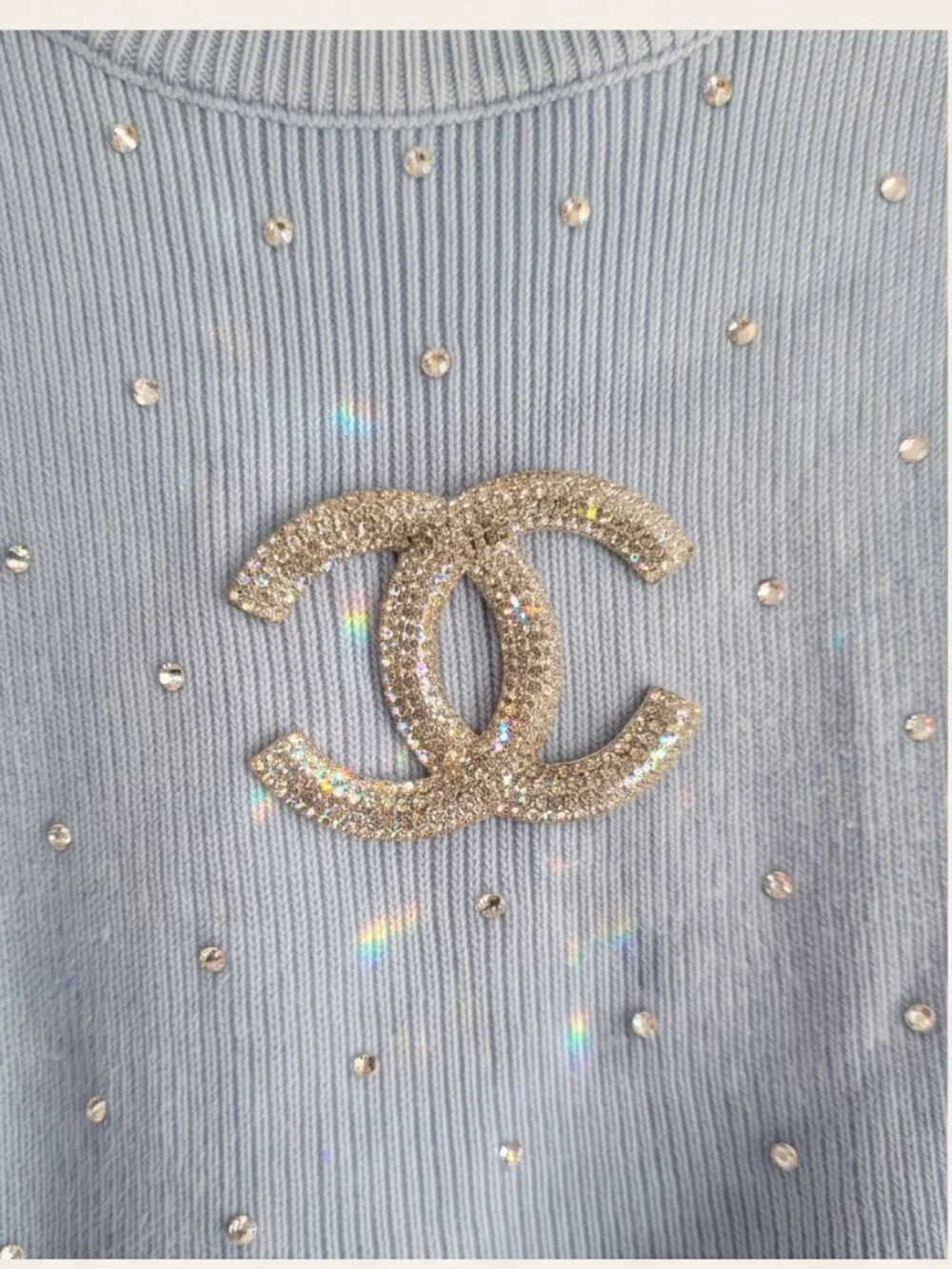 Rhinestone Luxury Cotton Knit Blue Designer Logo Dress